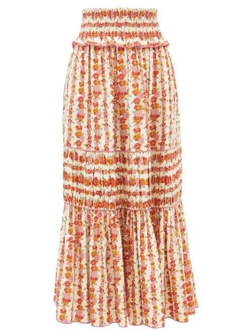 Loretta Caponi - Romee Tiered Floral-print Midi Skirt - Womens - Red Print