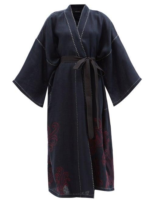Vita Kin - Heron-embroidered Linen Maxi Wrap Dress - Womens - Navy Multi