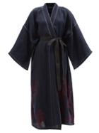 Vita Kin - Heron-embroidered Linen Maxi Wrap Dress - Womens - Navy Multi