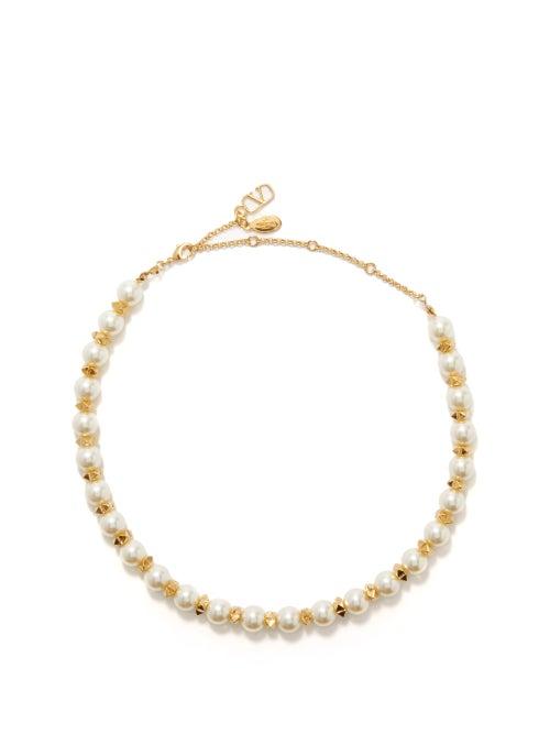 Valentino Garavani - Rockstud & Faux-pearl Necklace - Womens - Pearl