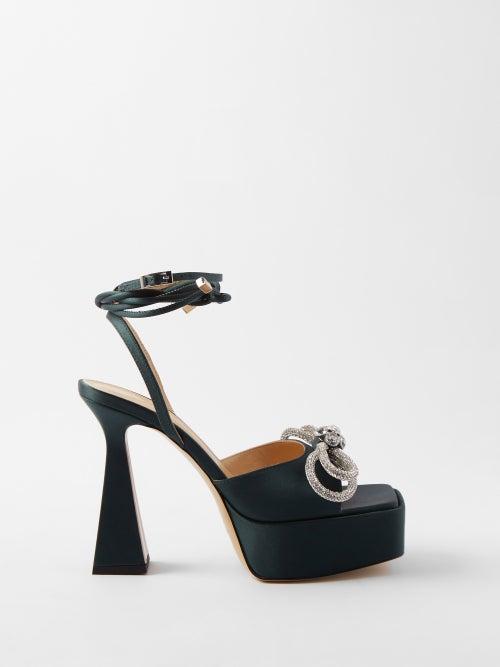 Mach & Mach - Double Bow Crystal And Silk-satin Platform Sandals - Womens - Dark Green