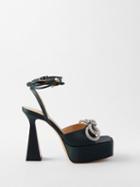 Mach & Mach - Double Bow Crystal And Silk-satin Platform Sandals - Womens - Dark Green