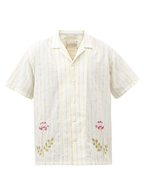 Harago - Stripe Cross-stitched Cotton Short-sleeved Shirt - Mens - White Multi