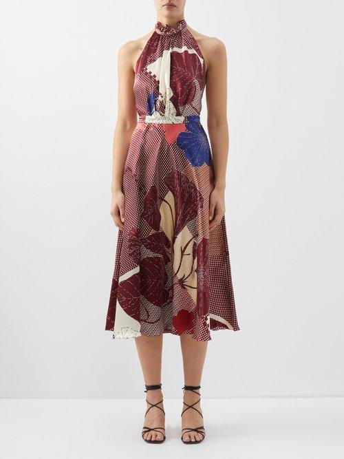 Raquel Diniz - Giovanna Floral-print Silk Satin Midi Dress - Womens - Burgundy Multi