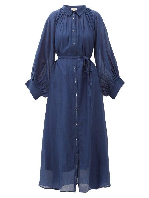 Matchesfashion.com Anaak - Cleo Balloon-sleeve Cotton-blend Midi Shirt Dress - Womens - Navy