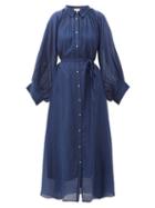 Matchesfashion.com Anaak - Cleo Balloon-sleeve Cotton-blend Midi Shirt Dress - Womens - Navy