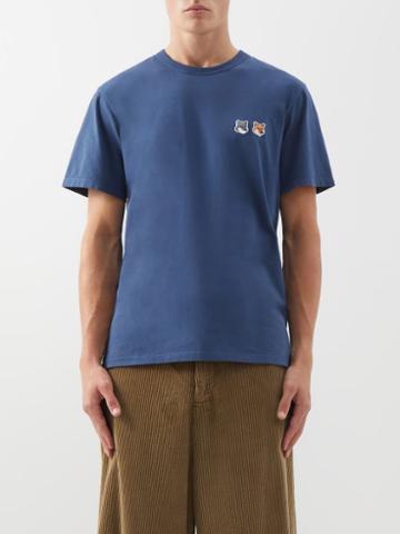 Maison Kitsun - Double Fox Head-patch Cotton T-shirt - Mens - Blue