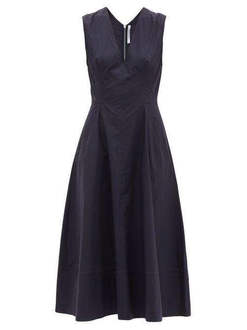 Ladies Rtw Another Tomorrow - V-neck Organic-cotton Poplin Midi Dress - Womens - Navy