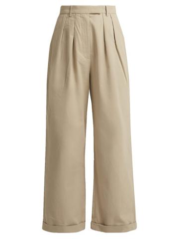 Matchesfashion.com Katharine Hamnett London - Camilla Wide Leg Pleated Cotton Twill Trousers - Womens - Beige