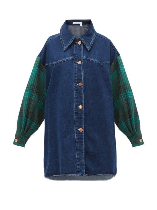 Matchesfashion.com See By Chlo - Oversized Checked Sleeve Denim Shirt - Womens - Denim Multi