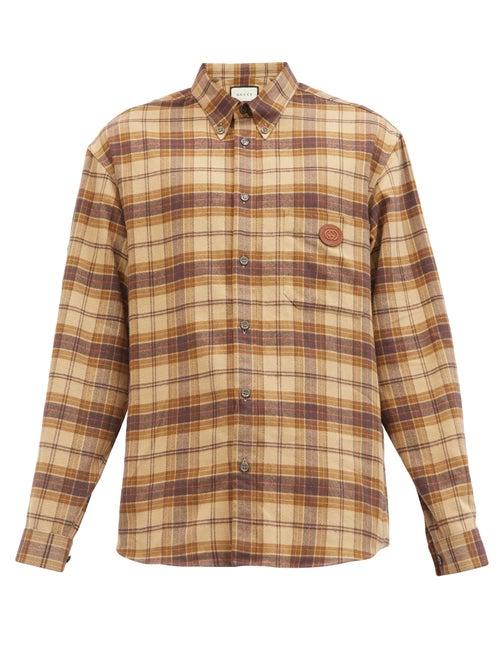Matchesfashion.com Gucci - Leather-appliqu Checked Cotton-flannel Shirt - Mens - Brown