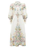 Matchesfashion.com Zimmermann - Wavelength Belted Floral-print Linen Midi Dress - Womens - Cream Print