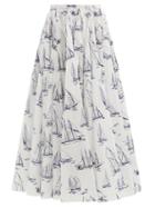 Matchesfashion.com Emilia Wickstead - Rhea Boat-print Cotton-poplin A-line Skirt - Womens - Blue White