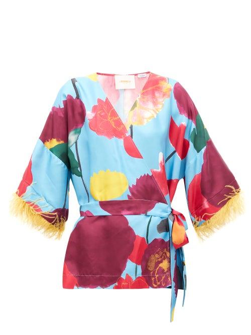 Matchesfashion.com La Doublej - Feather-trimmed Floral-print Silk Blouse - Womens - Blue Print