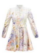 Zimmermann - Rhythmic Belted Floral-print Linen Dress - Womens - Ivory Multi