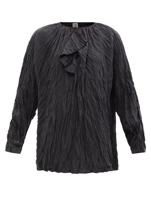 Matchesfashion.com Totme - Ruffled V-neck Crinkled Silk Blouse - Womens - Black
