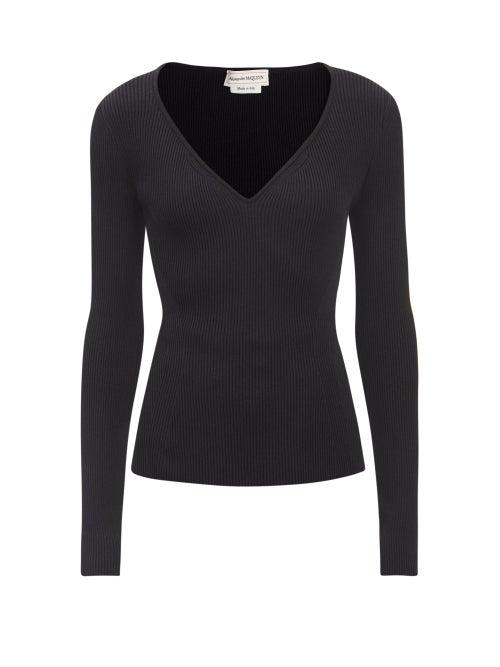 Alexander Mcqueen - V-neck Ribbed-jersey Sweater - Womens - Black