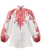Zimmermann - Nina Stand-collar Floral-print Voile Blouse - Womens - Pink White