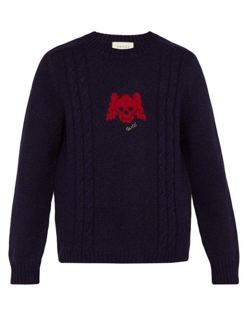 Matchesfashion.com Gucci - Skull Intarsia Wool Blend Sweater - Mens - Navy