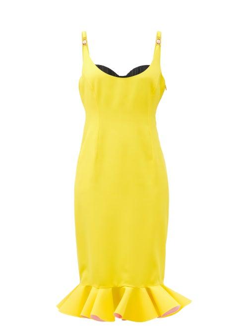 Matchesfashion.com Versace - Sweetheart-neck Flounced Crepe Pencil Dress - Womens - Yellow Multi