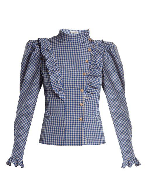 Matchesfashion.com Vika Gazinskaya - High Neck Ruffle Trimmed Gingham Blouse - Womens - Blue White