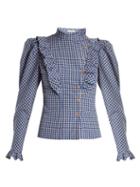 Matchesfashion.com Vika Gazinskaya - High Neck Ruffle Trimmed Gingham Blouse - Womens - Blue White