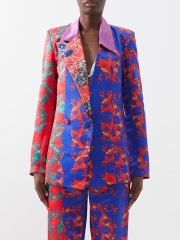 Lisa Folawiyo - Lucky Asymmetric Printed-silk Blazer - Womens - Blue Multi