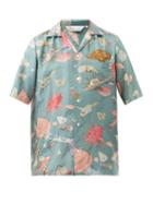 Nipoaloha - Shellfish-print Crane-jacquard Silk-twill Shirt - Mens - Blue Multi