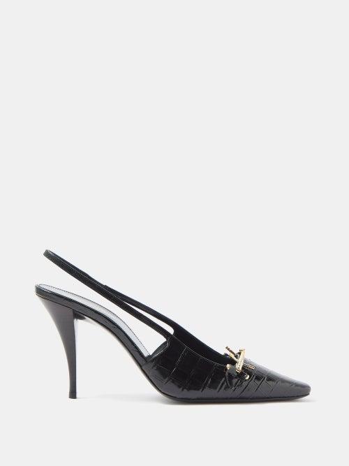 Saint Laurent - Blade Chain Croc-effect Leather Slingback Pumps - Womens - Black