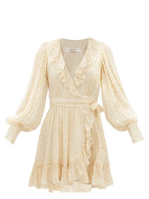 Zimmermann - Ruffle-trimmed Metallic Fil Coup Wrap Dress - Womens - Champagne
