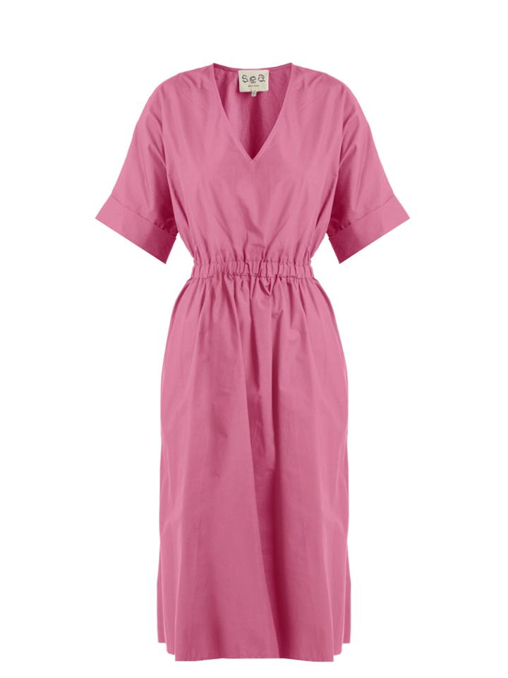 Sea Turn-up Sleeve V-neck Cotton Dress