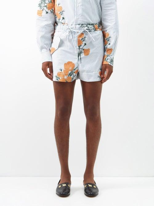 S.s. Daley - Knole Poppy-print Striped Cotton-poplin Shorts - Mens - Blue Multi
