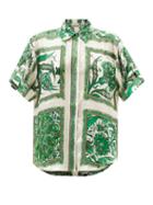 Ale Mais - Lucille Tile-print Silk-satin Shirt - Womens - Green Print
