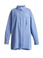 Matchesfashion.com Vetements - Oversized Logo Print Cotton Blend Shirt - Womens - Blue