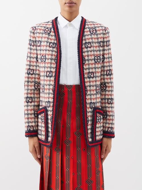 Gucci - Gg-check Wool-blend Tweed Jacket - Womens - Red Cream