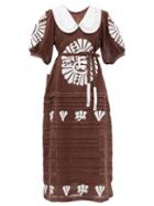 Matchesfashion.com Vita Kin - Camelia Floral-embroidered Linen Midi Dress - Womens - Brown White