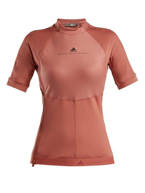 Matchesfashion.com Adidas By Stella Mccartney - Run High Neck Zip Panelled Performance T Shirt - Womens - Pink