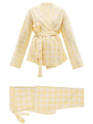 Ladies Lingerie General Sleep - Wrap Organic-cotton Gingham Pyjama Set - Womens - Yellow White