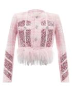 Germanier - Feather-trimmed Embellished Tweed Jacket - Womens - Light Pink