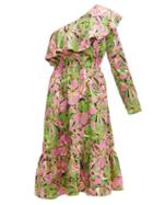Matchesfashion.com La Doublej - Boogie Floral Print Ruffle One Shoulder Silk Dress - Womens - Green Multi