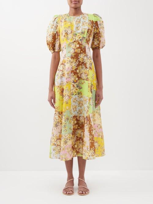 Ale Mais - Matilde Patchwork Floral-print Linen Midi Dress - Womens - Yellow Multi