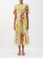 Ale Mais - Matilde Patchwork Floral-print Linen Midi Dress - Womens - Yellow Multi