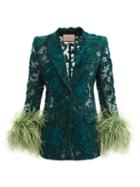 Gucci - Feather-trimmed Floral-lace Brocade Jacket - Womens - Dark Green