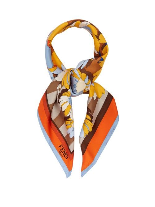 Matchesfashion.com Fendi - Floral-print & Striped Silk Scarf - Womens - Orange