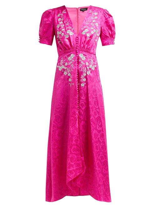 Matchesfashion.com Saloni - Lea Floral Embroidered Silk Dress - Womens - Pink Silver