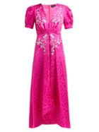 Matchesfashion.com Saloni - Lea Floral Embroidered Silk Dress - Womens - Pink Silver
