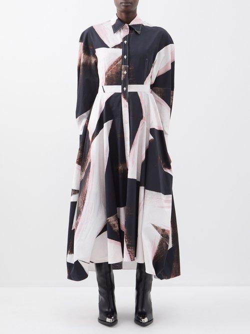 Alexander Mcqueen - Brushstroke-print Cotton-poplin Shirt Dress - Womens - White Black Multi