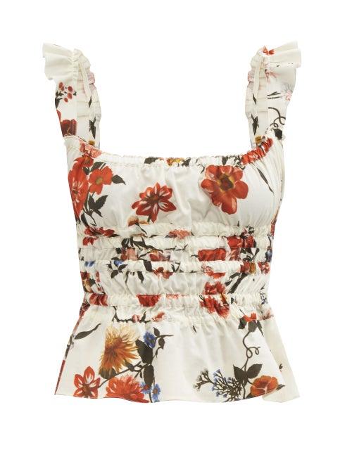 Ladies Rtw Brock Collection - Silvia Ruched Floral-print Cotton Top - Womens - Red White