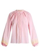 Matchesfashion.com Bliss And Mischief - Ric Rac Trimmed Cotton Blouse - Womens - Light Pink