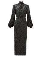 Matchesfashion.com Saloni - Domino High-neck Balloon-sleeve Sequinned Dress - Womens - Black
